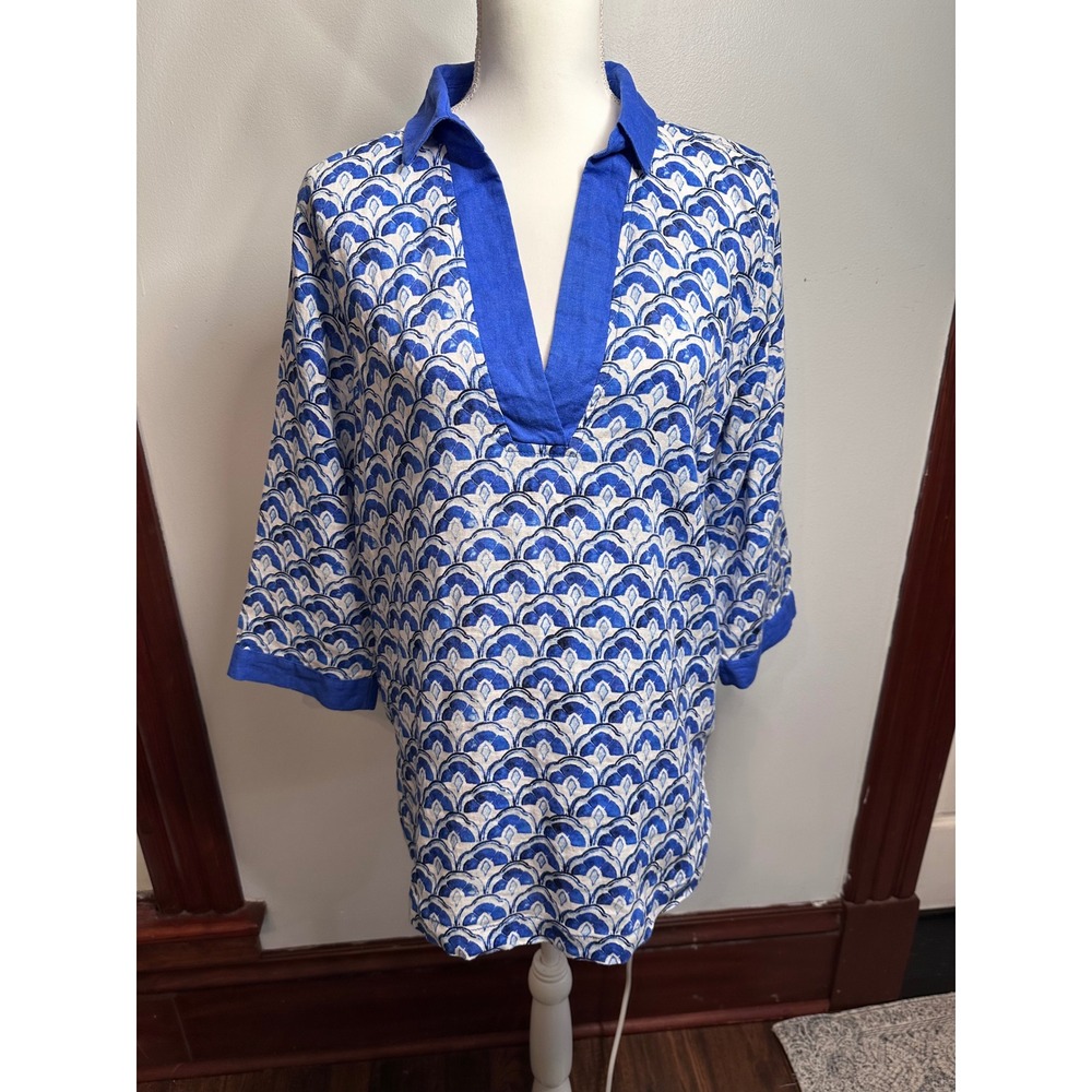 Sigrid Olsen Womens Blue White Scalloped 100% Linen Tunic V-Neck Top Size M